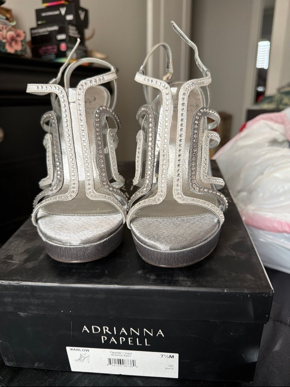 Adrianna Papell Silver Crystal T-Strap Platform Sandals